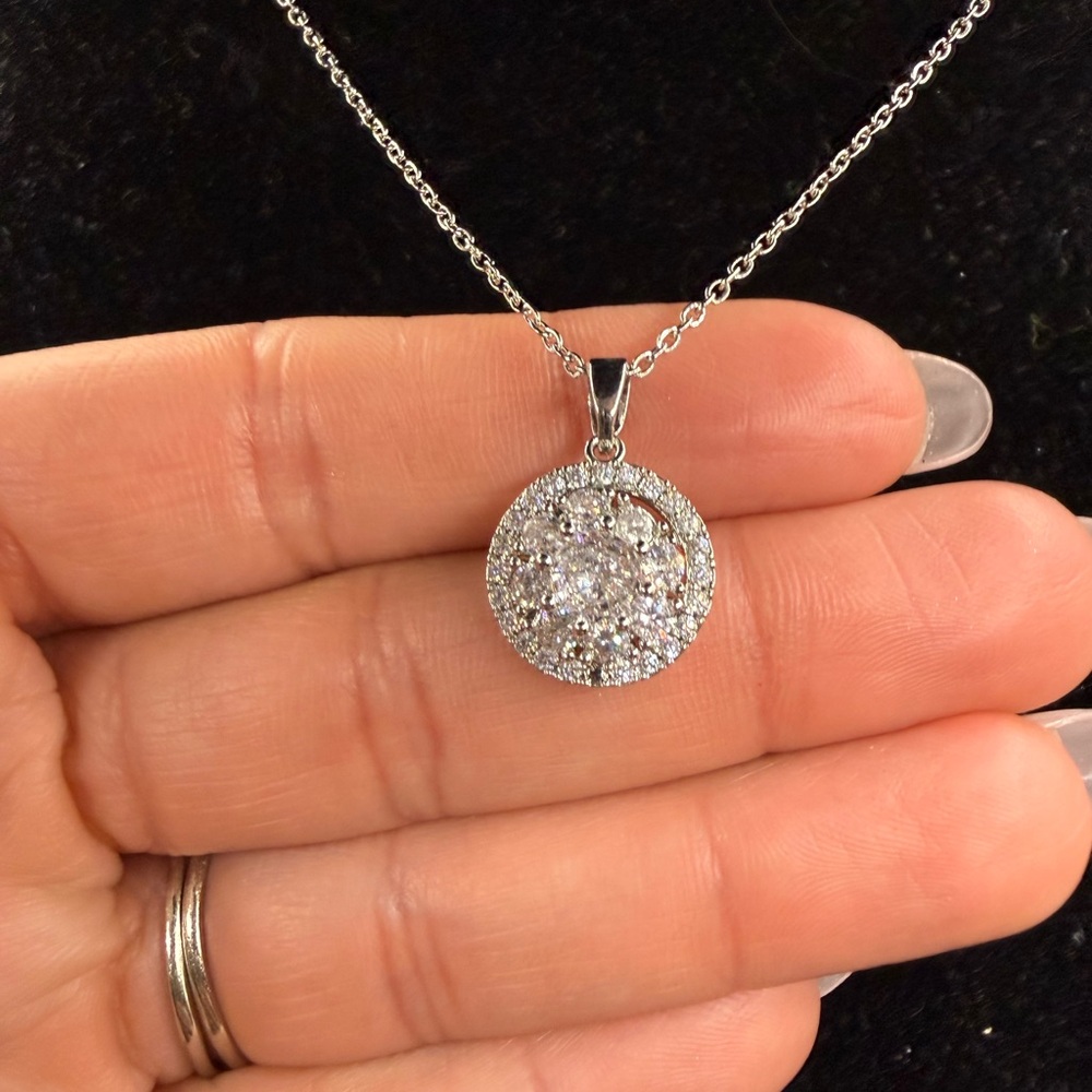 Stainless steel Round Pavé CZ Pendant Necklace - Silver
